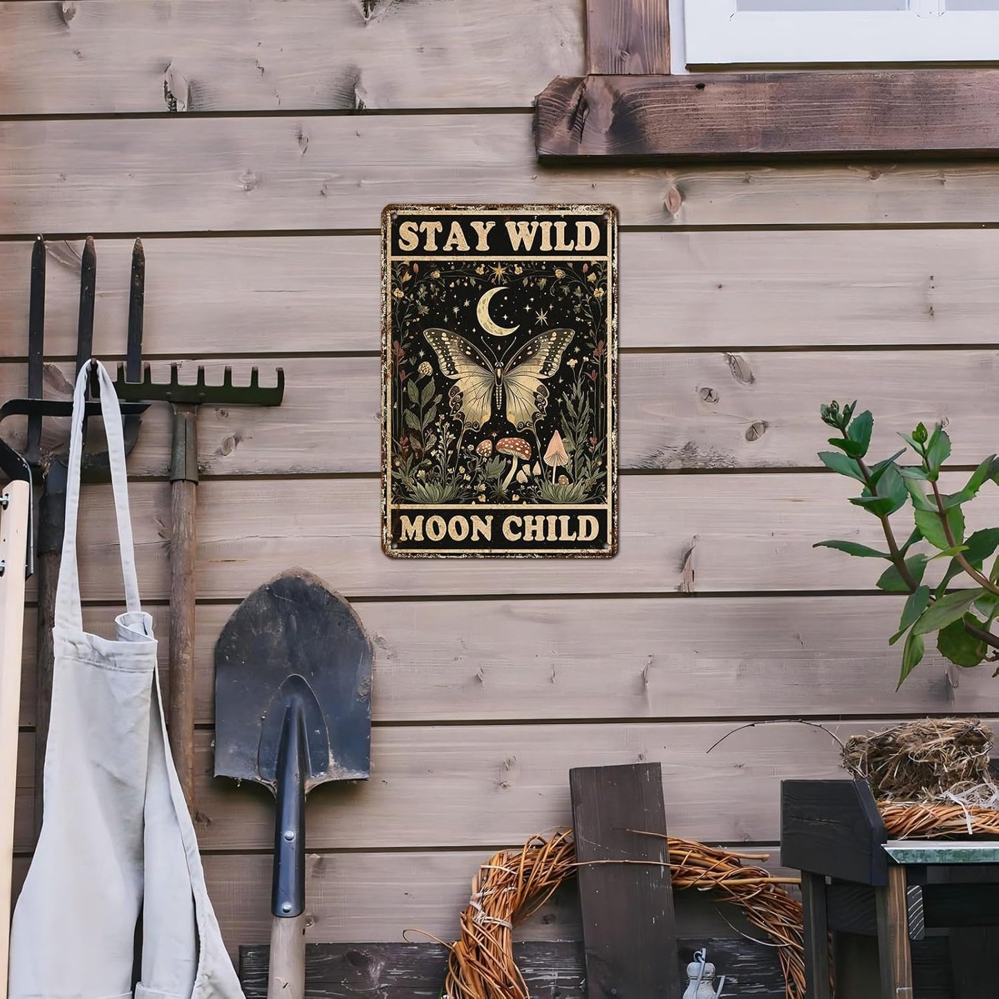 Vintage Tin Sign Butterfly Stay Wild Moon Tin Sign Retro Wall Decor for Home Office Room Wall Decor Poster 12 * 8inch