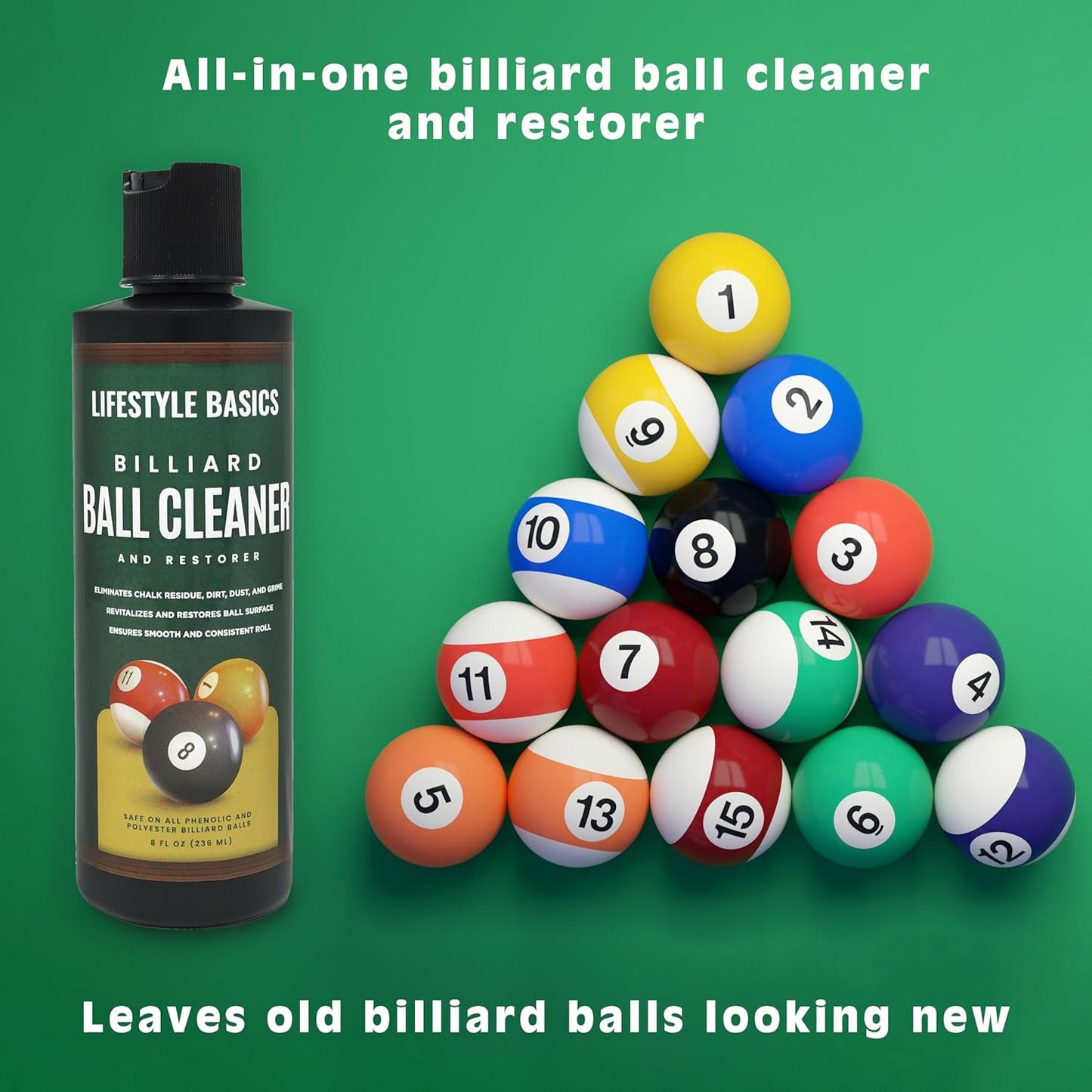 Billiard Ball Cleaner and Restorer Polish | All-in-One Pool Ball Cleaner | Removes Chalk Residue, Dust, Dirt, and Grime