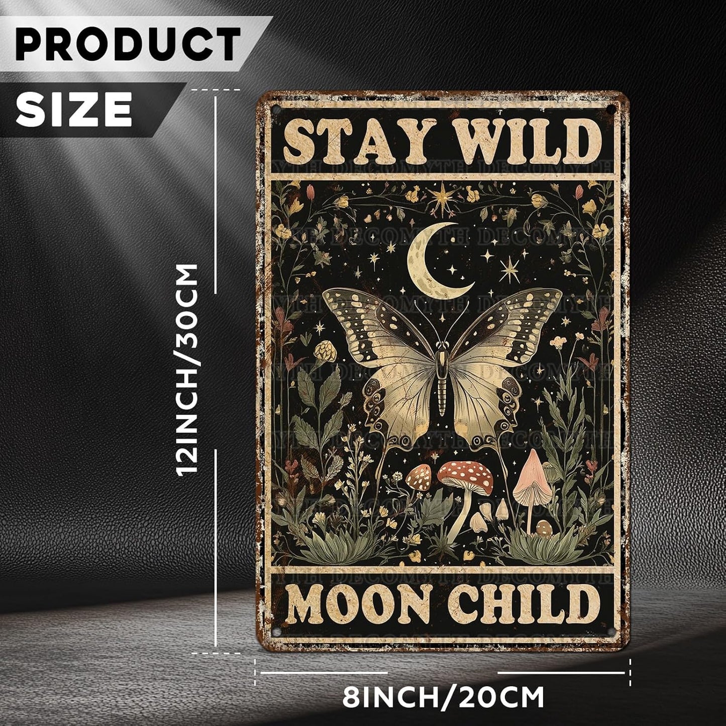 Vintage Tin Sign Butterfly Stay Wild Moon Tin Sign Retro Wall Decor for Home Office Room Wall Decor Poster 12 * 8inch