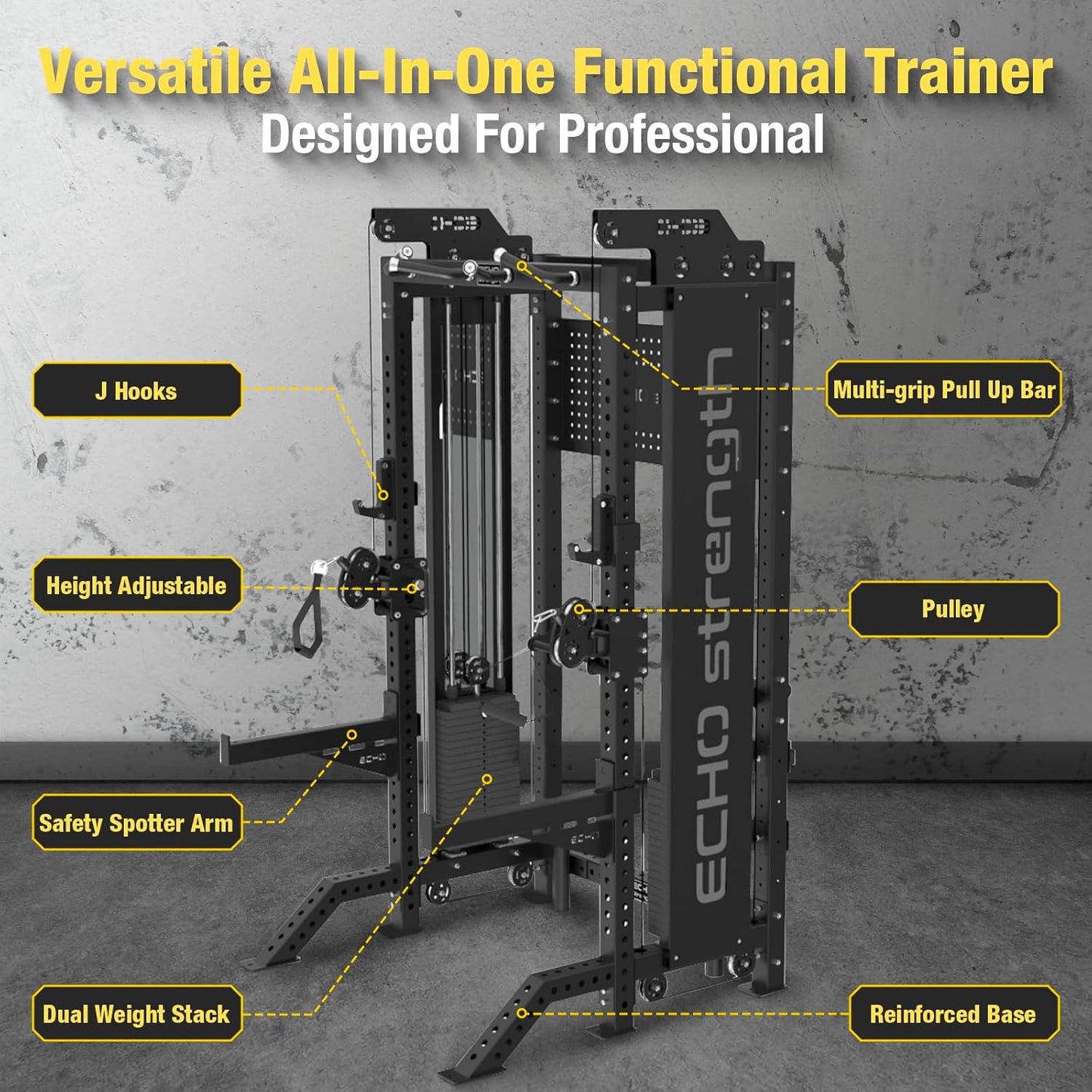 Commercial Functional Trainer Cable Machine with Dual Weight Stacks, Power Cage Squat Rack, Dual Cable Crossover Machine with Pulley System