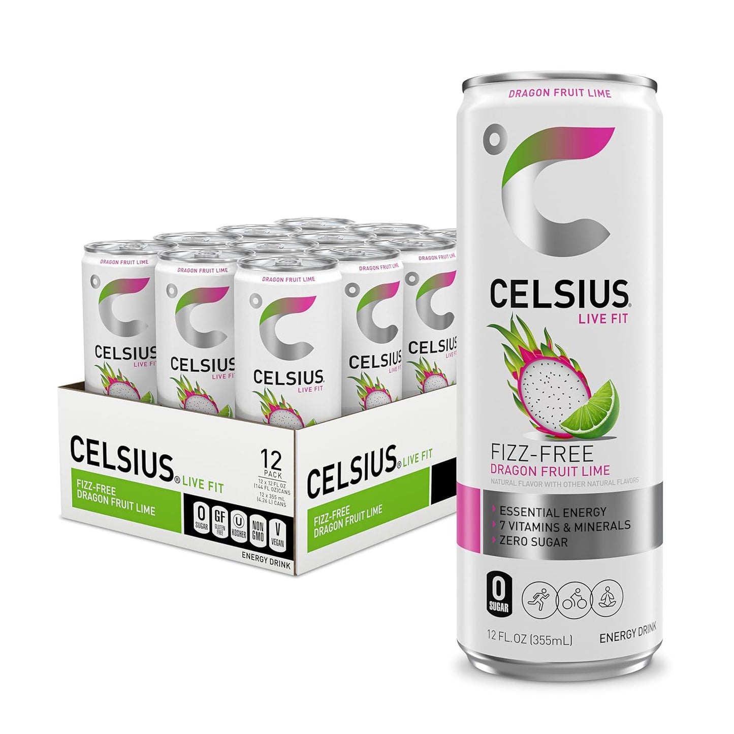 CELSIUS Fizz Free Dragon Fruit Lime, Sugar Free Energy Drink, 12 Fl Oz (Pack of 12)