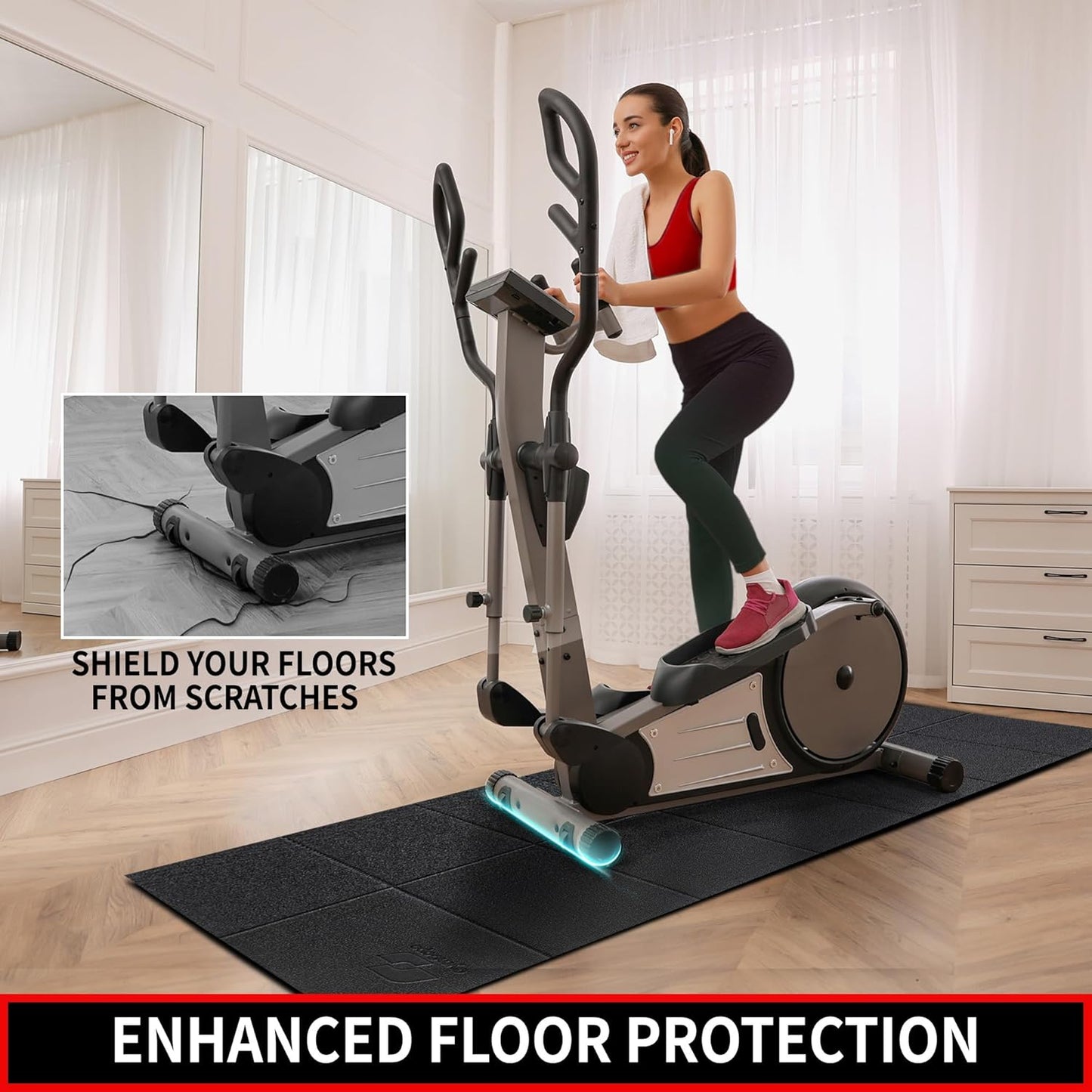 Treadmill Mat, 7'x3'/6'x3'/6'x2.5'/5.6'x2'/4'x2', 6mm Thick Exercise Equipment Gym Mat for Hardwood FloorCarpet, Compatible with Peloton Bike, Indoor Spin Bike, Elliptical
