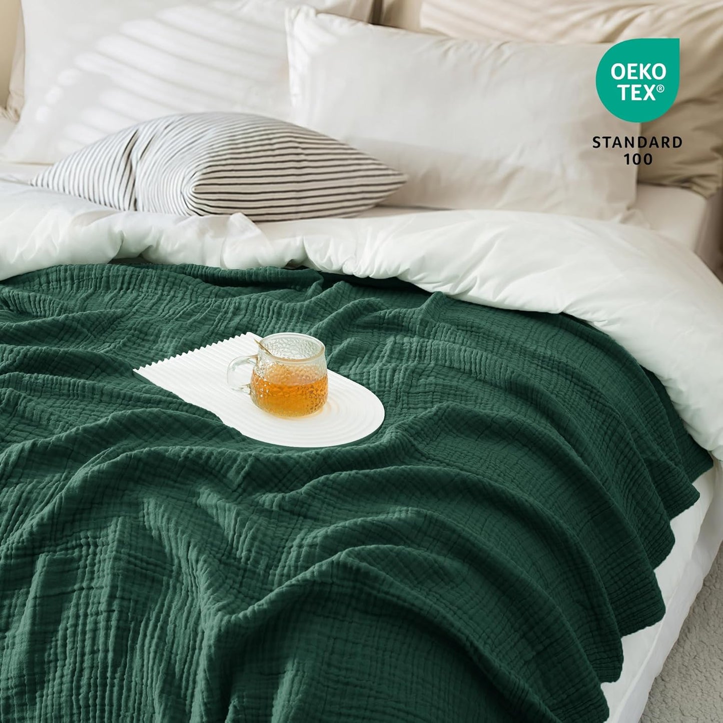 Carriediosa 100% Cotton Muslin Throw Blanket 66" X 90" Twin XL Size，4-Layers Summer Gauze Throws for Bed Couch，Soft Lightweight Breathable Linen Blankets Bedspread for Adults All Season，Dark Green