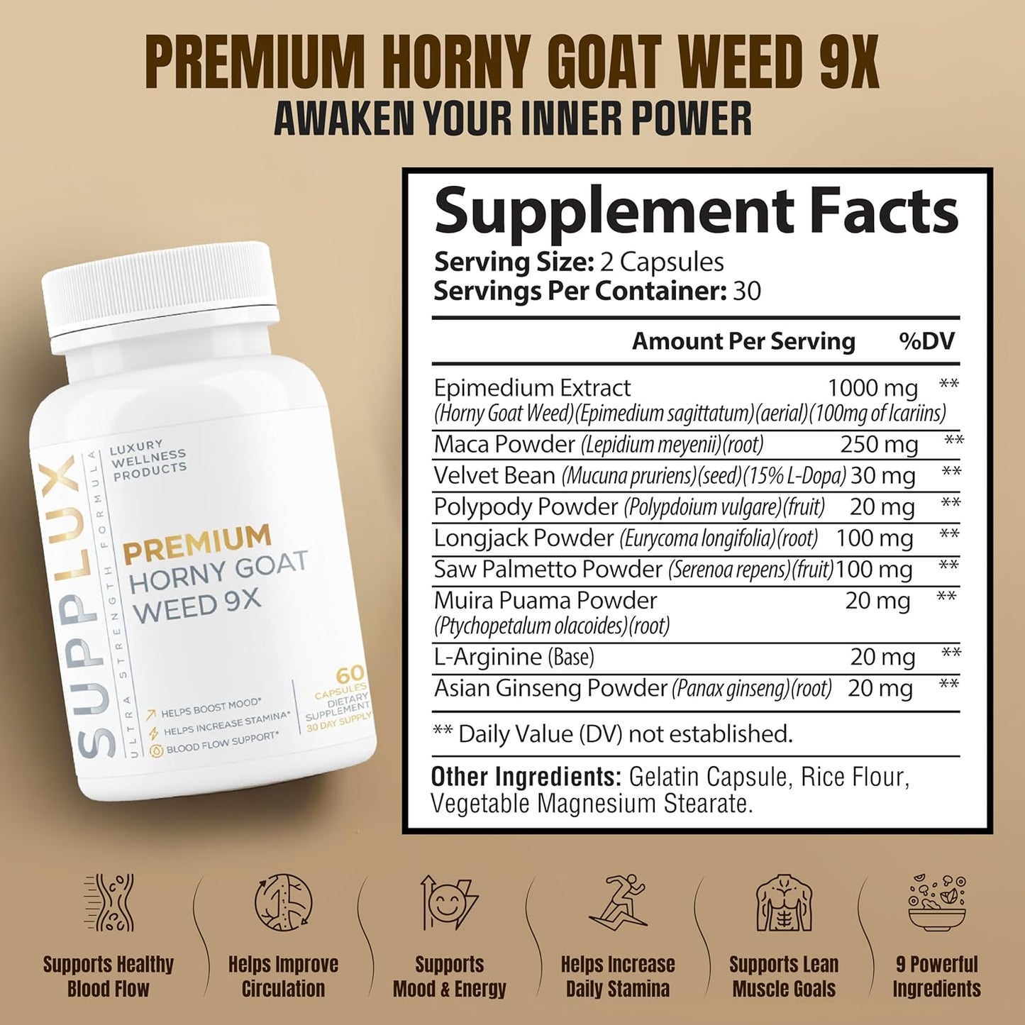 Premium Horny Goat Weed + 9 Ingredients - Performance Pills for Men for Fast Acting Blood-Flow, Build Muscle & Supports Men's Health | 9 Backed Ingredients | 3rd Party Tested Supplement - 60 Pills