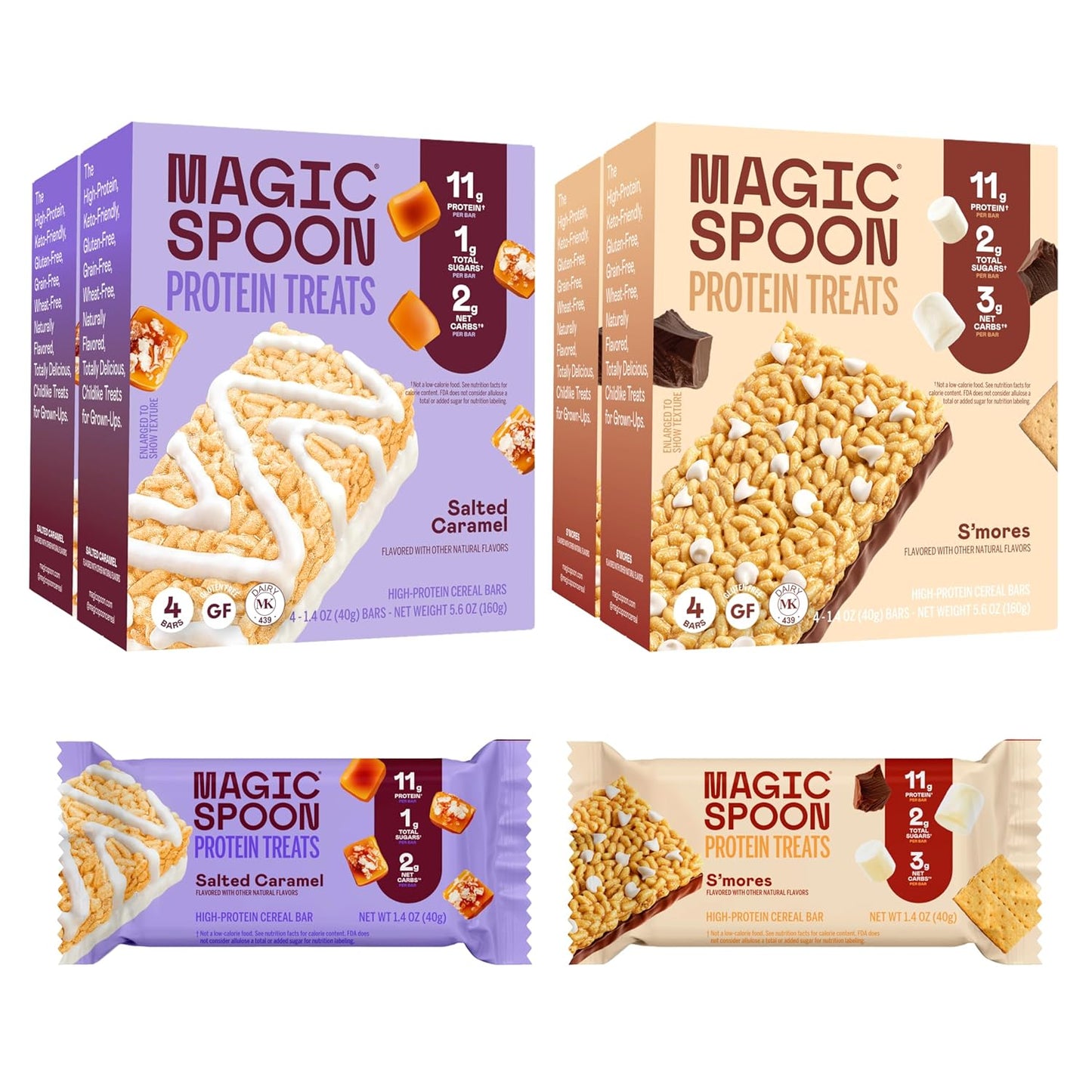 MAGIC SPOON Treats - High Protein, Low Carb, Keto Friendly, Low Sugar, Gluten Free, Crispy Protein Bar Cereal Bar, On-The-Go Healthy Snack (8 Smores Bars, 8 Salted Caramel Bars)
