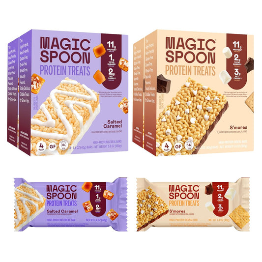 MAGIC SPOON Treats - High Protein, Low Carb, Keto Friendly, Low Sugar, Gluten Free, Crispy Protein Bar Cereal Bar, On-The-Go Healthy Snack (8 Smores Bars, 8 Salted Caramel Bars)