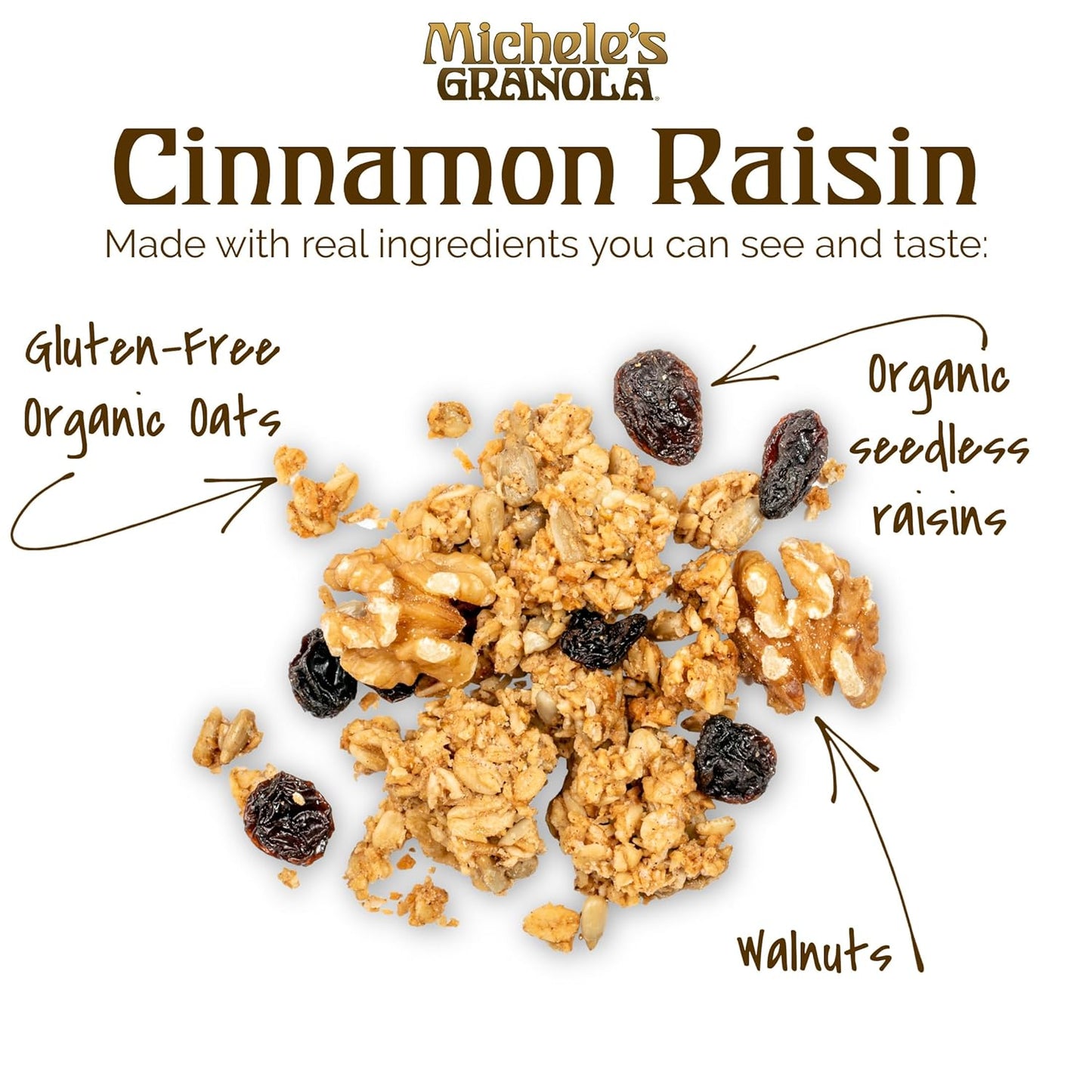 Michele's Granola - Cinnamon Raisin - Handmade Non-GMO Whole Grain Oats - Free of Gluten, Soy, Wheat, & Dairy