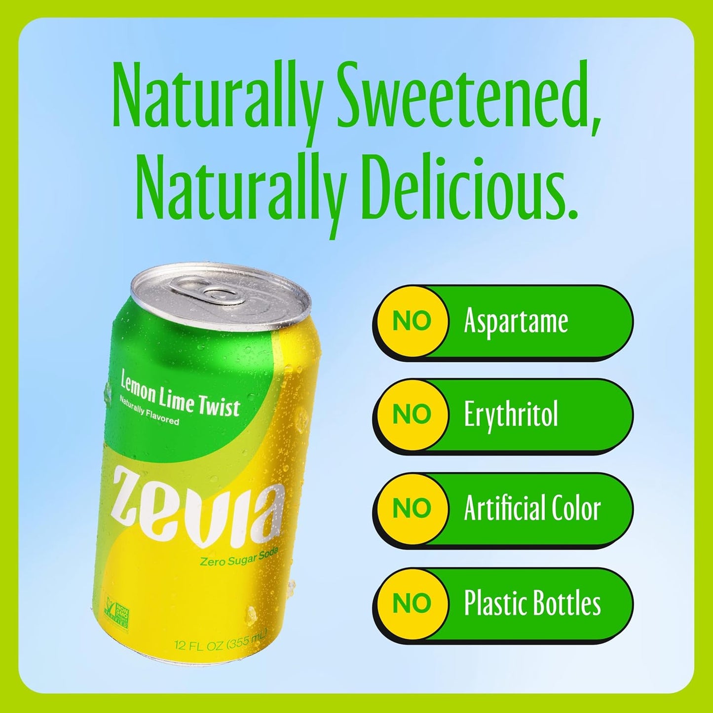 Zevia Zero Sugar Soda, Lemon Lime Twist, 12 oz Cans (24-Pack) – Naturally Sweetened, Non-GMO Project Verified, Gluten-Free, Vegan