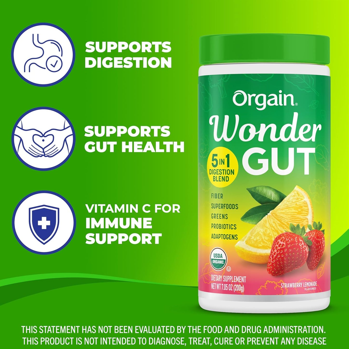 Orgain Organic Wonder Gut Fiber Supplement Powder, 5 in 1 Blend with 1 Billion Probiotics, Greens, Vitamin C, Adaptogens for Gut Health and Immune Support, Non-GMO, Strawberry Lemonade, 7.05 oz