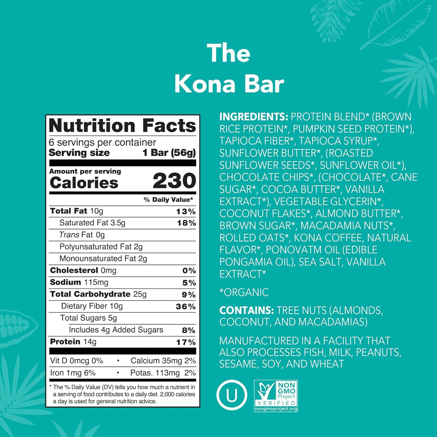 ALOHA Organic Plant Based Protein Bars | The Kona Bar - Special Edition | 6 Count, 1.98oz Bars | Vegan, Low Sugar, Gluten Free, Paleo, Low Carb, Non-GMO, Stevia Free, Soy Free, No Erythritol