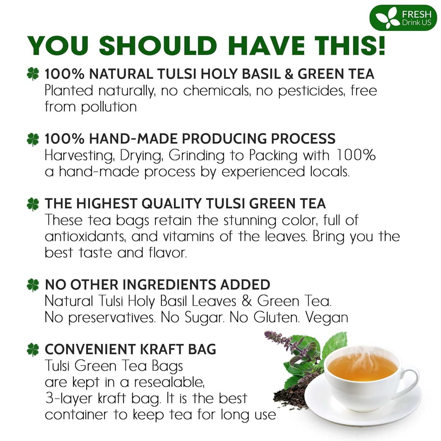 FreshDrinkUS, Premium 55 Tulsi Green Tea Bags, 100% Natural, Blend of Tulsi Holy Basil Leaves, and Green Tea Leaves. Made with Natural Material Tea Bags. No Sugar, Vegan.