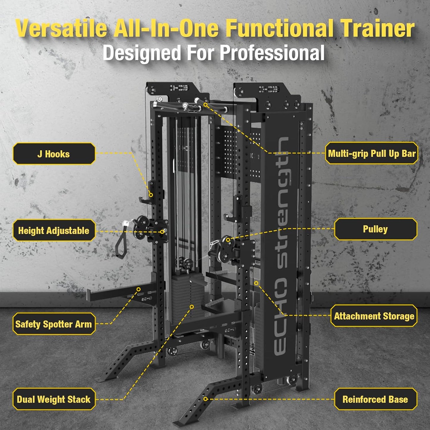 Commercial Functional Trainer Cable Machine with Dual Weight Stacks, Power Cage Squat Rack, Dual Cable Crossover Machine with Pulley System