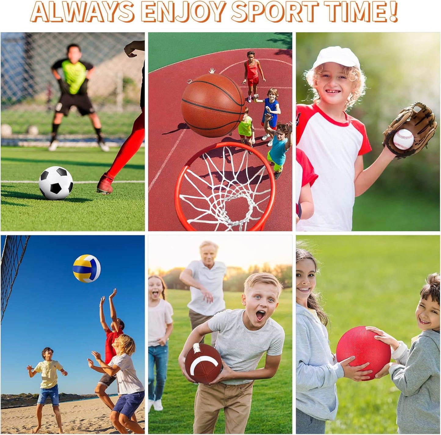 Realspring 6 Pcs Multi Sport Ball Set for Kid Teen Operation Christmas Official Size Football, Basketball, Soccer, Volleyball, Playground Ball, Baseball with Sports Equipment Bag Pump