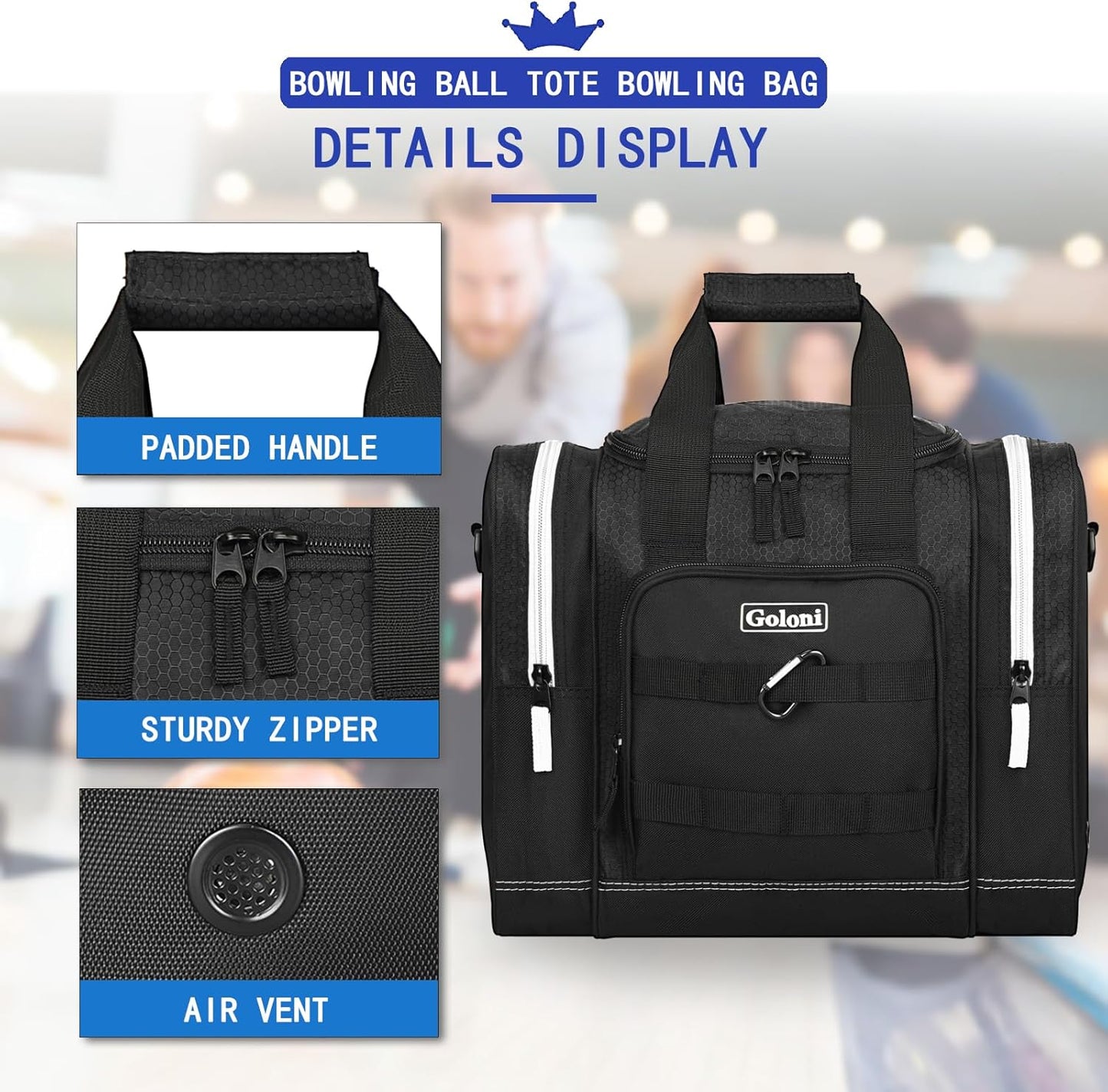 Goloni Bowling Ball Bag for Singer Ball with Padded Ball Holder, 2 Pockets fit Bowling Shoes Up to Mens Size 14 and Accessories