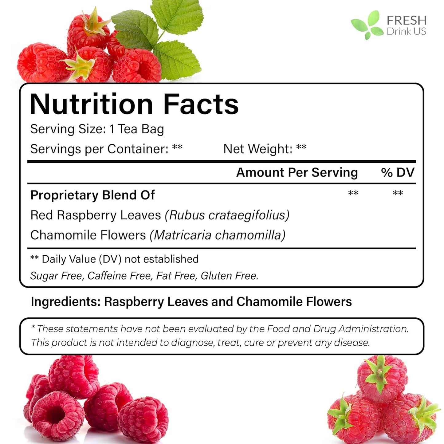 FreshDrinkUS, 75 Bags Premium Raspberry Leaf Teawith Chamomile Flavor, Eases Menstrual Cramps & Supports Healthy Pregnancy, Naturally, Caffeine-Free, Sugar Free, Vegan