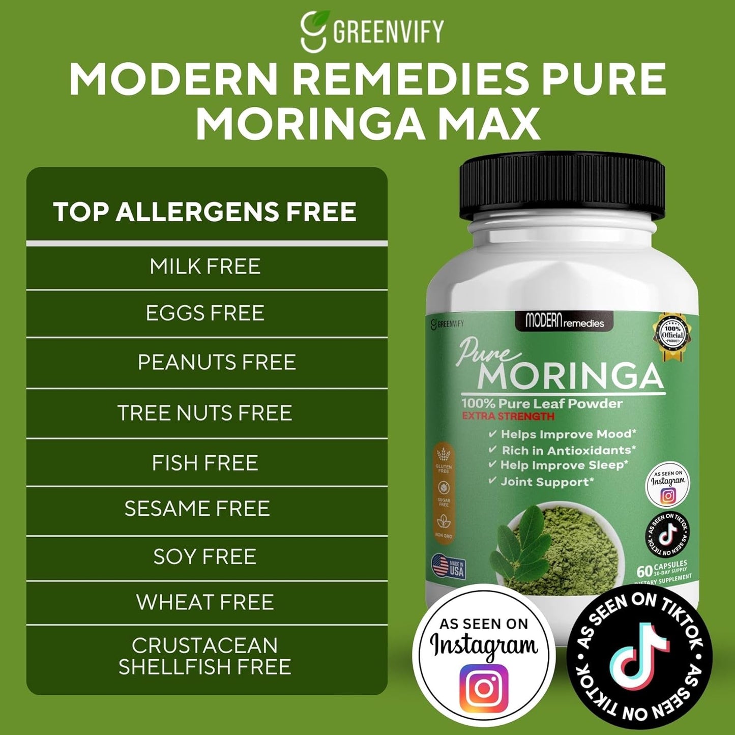 Modern Remedies Pure Moringa Max Leaf Powder Supplement, 800mg, 60 Capsules, Extra Strength for Mood, Sleep and Joint Support, Gluten Free (1)