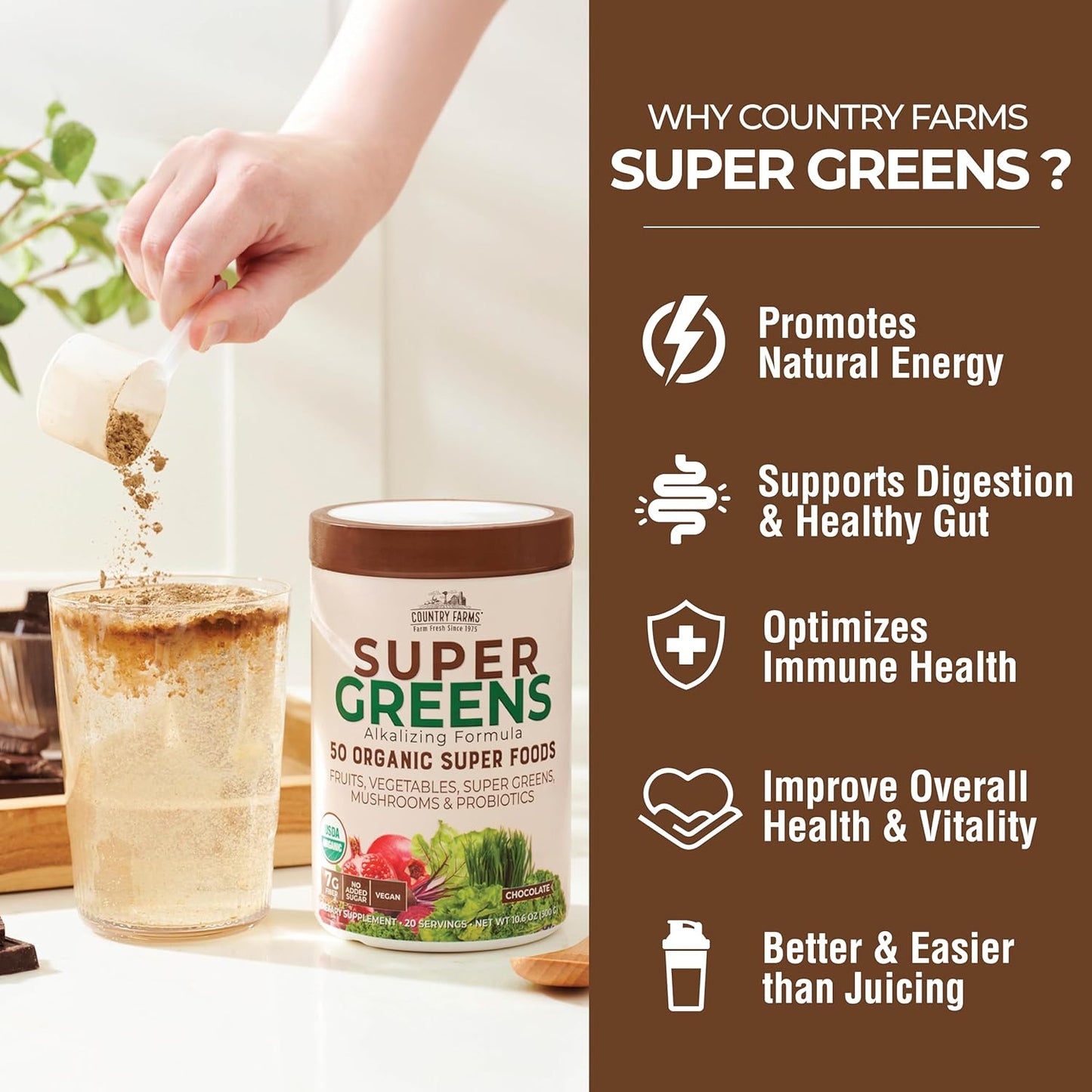 COUNTRY FARMS Organic Super Greens Chocolate Flavor, 50 Organic Super Foods, USDA Organic Drink Mix, Packed with Fiber, Fruits, Vegetables, Mushrooms & Probiotics, Supports Energy, 7g Fiber