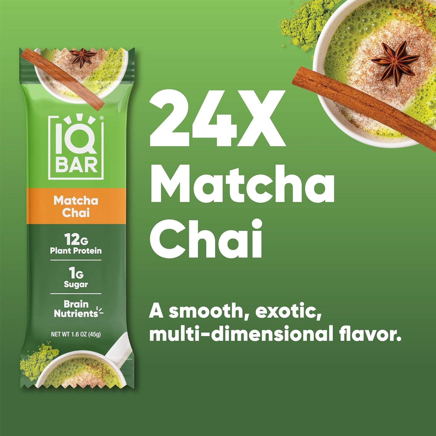 IQBAR Brain and Body Plant Protein Bars - Matcha Chai - 24-Count Low Carb - Gluten Free, High Fiber, Vegan Snacks - Low Sugar Meal Replacement