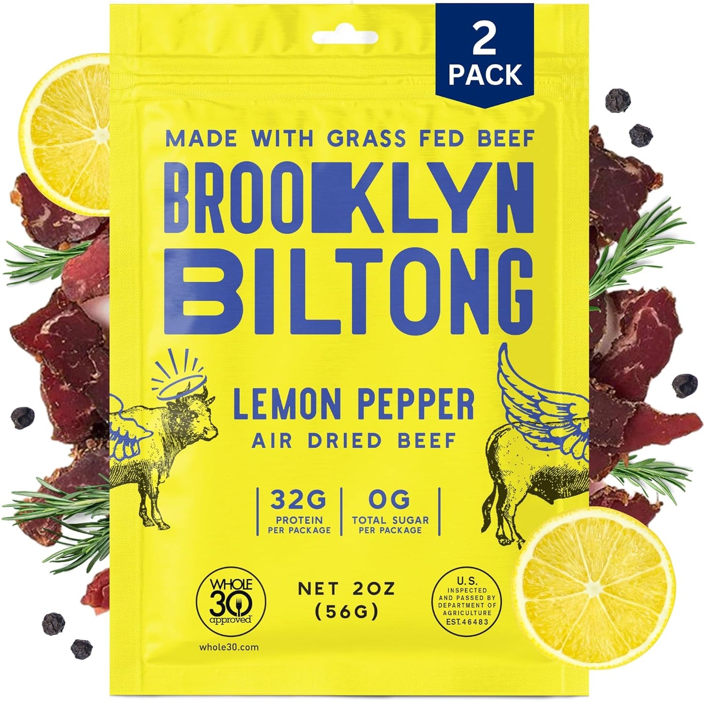 Brooklyn Biltong Air Dried Grass Fed Beef Snack, South African Beef Jerky (2 oz, Pack of 2) - Whole30 Approved, Paleo, Keto, Gluten Free, Sugar Free, Made in USA - (Lemon Pepper)