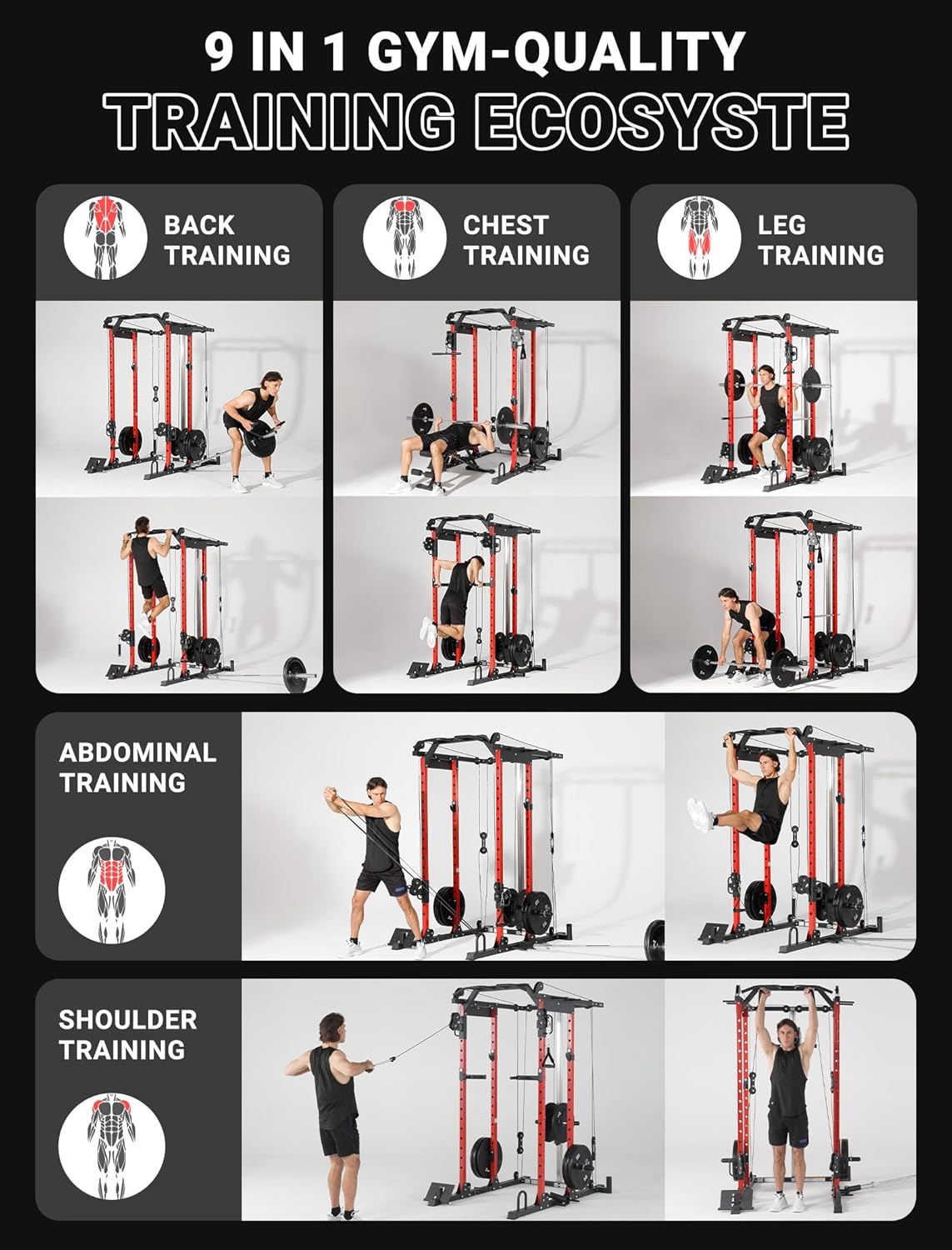 YOLEO Smooth Dual Pulley System Power Cage, 1600LBS Adjustable Cable Crossover Power Rack, Multi-Functional Squat Rack for Home Gym with More Training Attachment