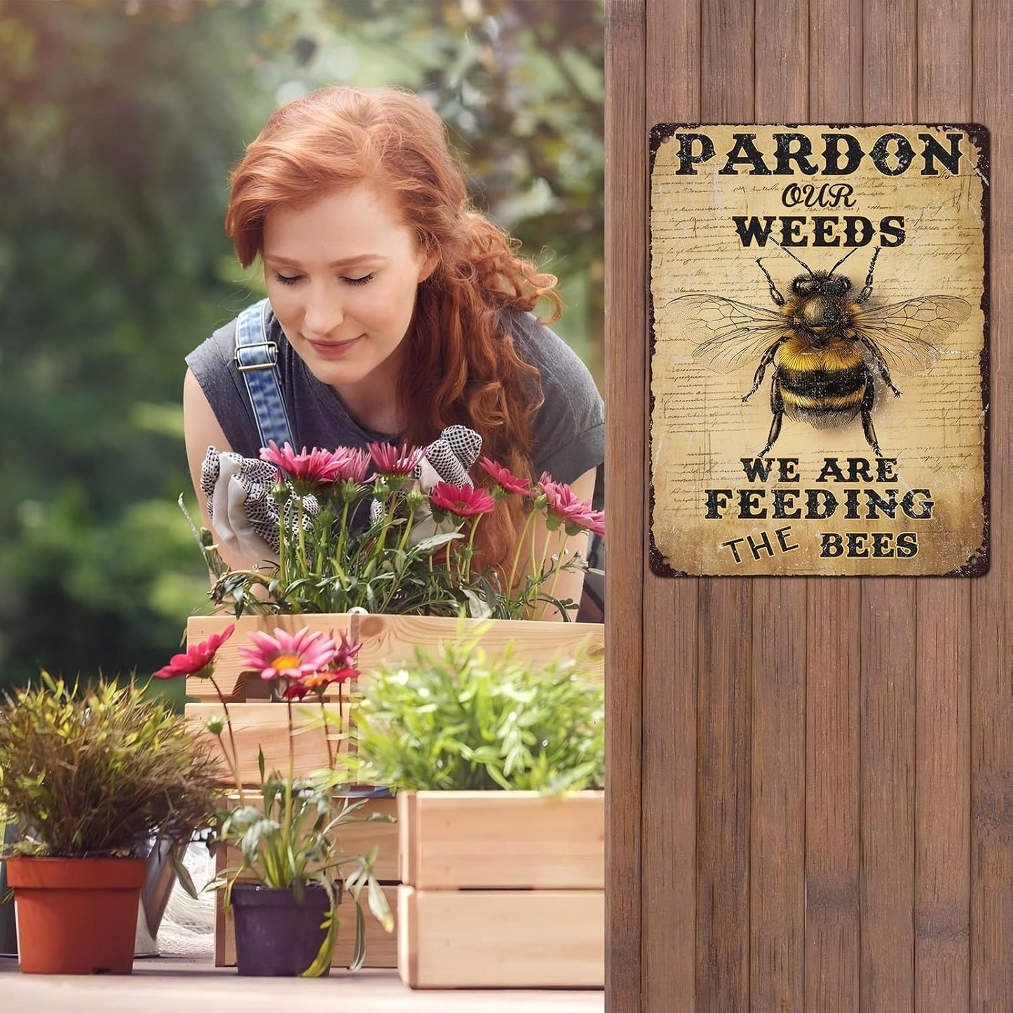 Vintage Bee Tin Sign Pardon Our Weeds We're Feeding The Bees Retro Garden Metal Poster Funny Wall Art Cafe Office Wall Decor for Kitchen Home Bar Plub Club Shop 12 * 16inch