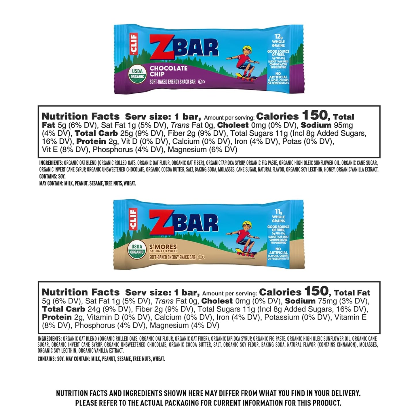 Zbar - Chocolate Chip and S'mores - Variety Pack - Soft Baked Snack Bars - Non-GMO - 11g Whole Grains - USDA Organic Granola Bars, School Snacks (18 Pack)