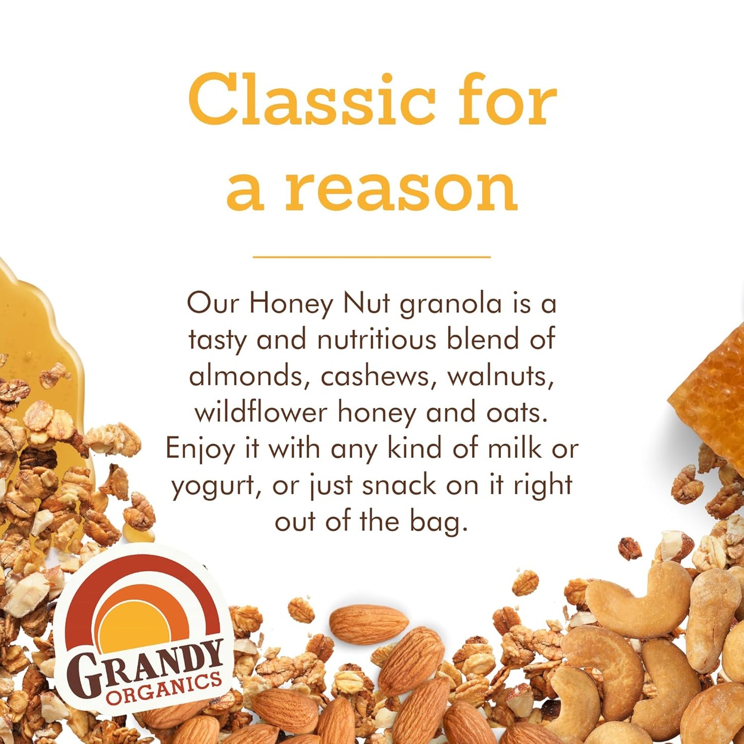Grandy Organics Honey Nut Gluten Free Granola - Certified Organic, Non-GMO, Lower Sugar, Family Value Size 2 Pound Bags, Bulk Pack of 2