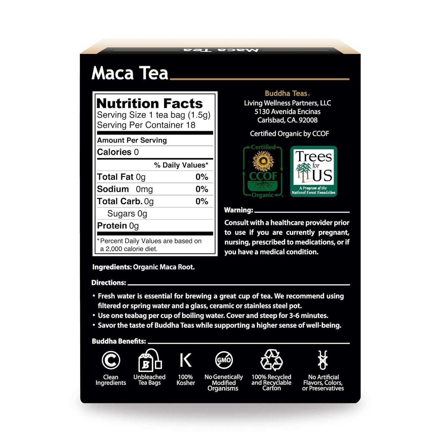 Buddha Teas Organic Maca Tea - OU Kosher, USDA Organic, CCOF Organic, 18 Bleach-Free Tea Bag