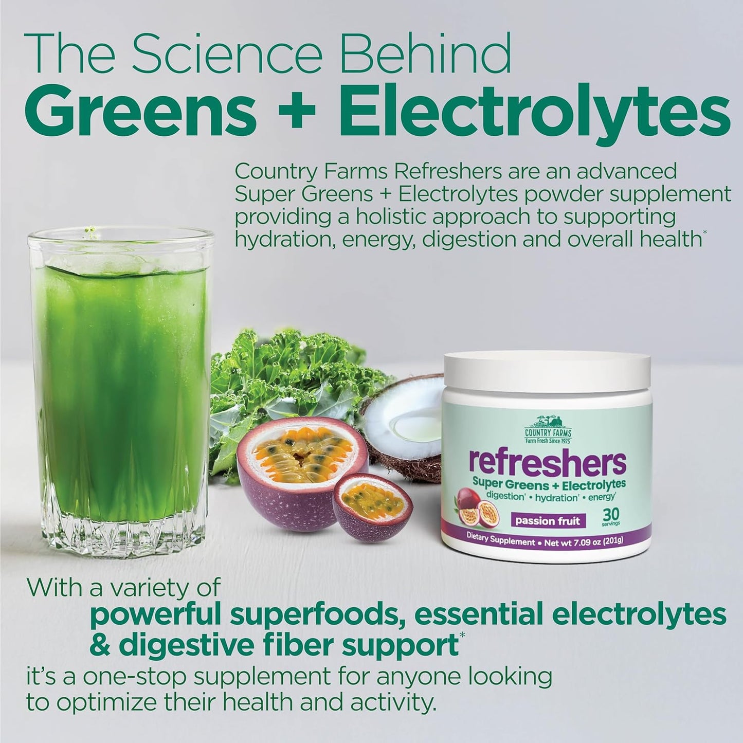 COUNTRY FARMS Refreshers, Super Greens and Electrolytes, Essential Minerals and Superfoods, Hydration Support, Promotes Natural Energy, with Fiber, Passion Fruit, 30 Servings