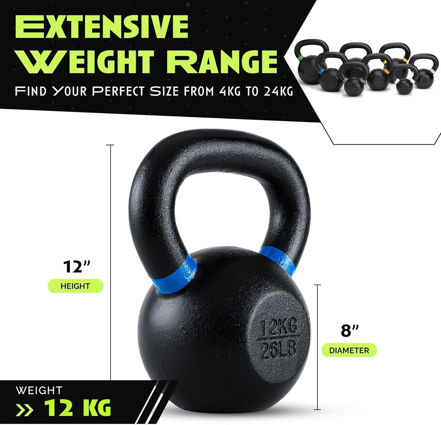 Single Cast Iron Kettlebell | Powder Coated - Wide Handle Weights for Core & Glute Workouts; Swings, Squats, Deadlifts; Strength, Endurance & Flexibility for Men & Women