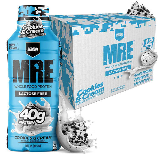 REDCON1 MRE Ready to Drink Protein Shake, Cookies & Cream - Lactose + Whey Free RTD 40gr Protein Made with Real Whole Food Protein Blends - Keto-Friendly and Easy to Digest Nutritional Shake (12 Pack)