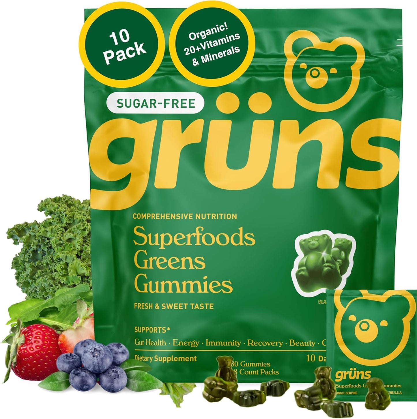 Gruns Sugar-Free Super Greens Gummies, Multivitamin Superfood Gummy Bears, Spirulina, Chlorella, Prebiotics & Fiber gummies for Digestive Health, Adaptogens Supplement, 20 Vitamins & Minerals, 10 pack