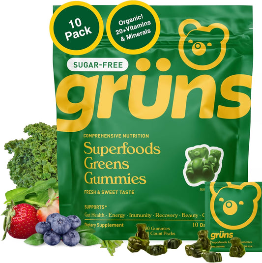 Gruns Sugar-Free Super Greens Gummies, Multivitamin Superfood Gummy Bears, Spirulina, Chlorella, Prebiotics & Fiber gummies for Digestive Health, Adaptogens Supplement, 20 Vitamins & Minerals, 10 pack
