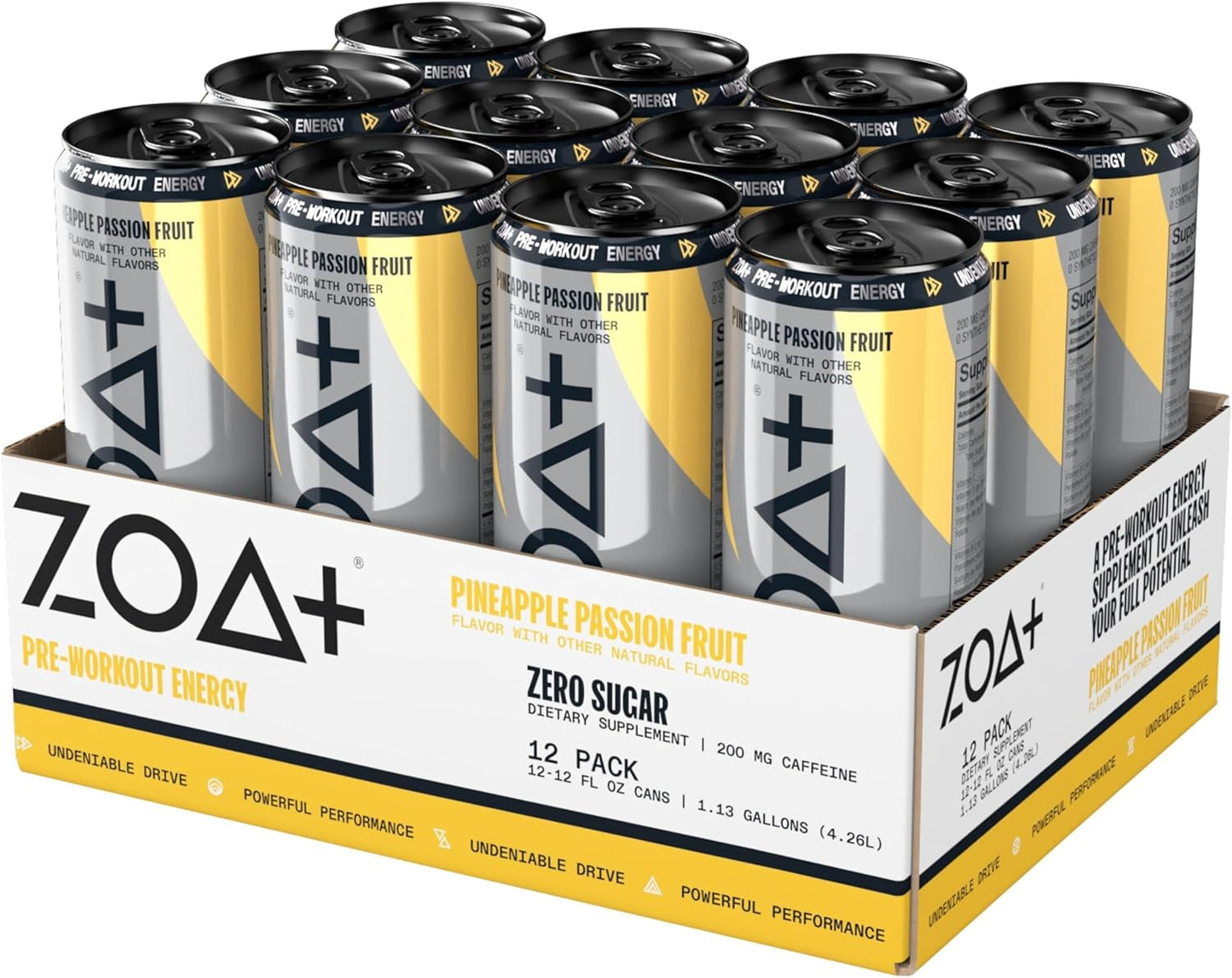 ZOA+ Pre-Workout Energy Drink Supplement - NSF Certified for Sport with Zero Sugar, Nitric Oxide Support, B & D Vitamins, Amino Acids, and Electrolytes (Pineapple Passion Fruit) - 12 pack