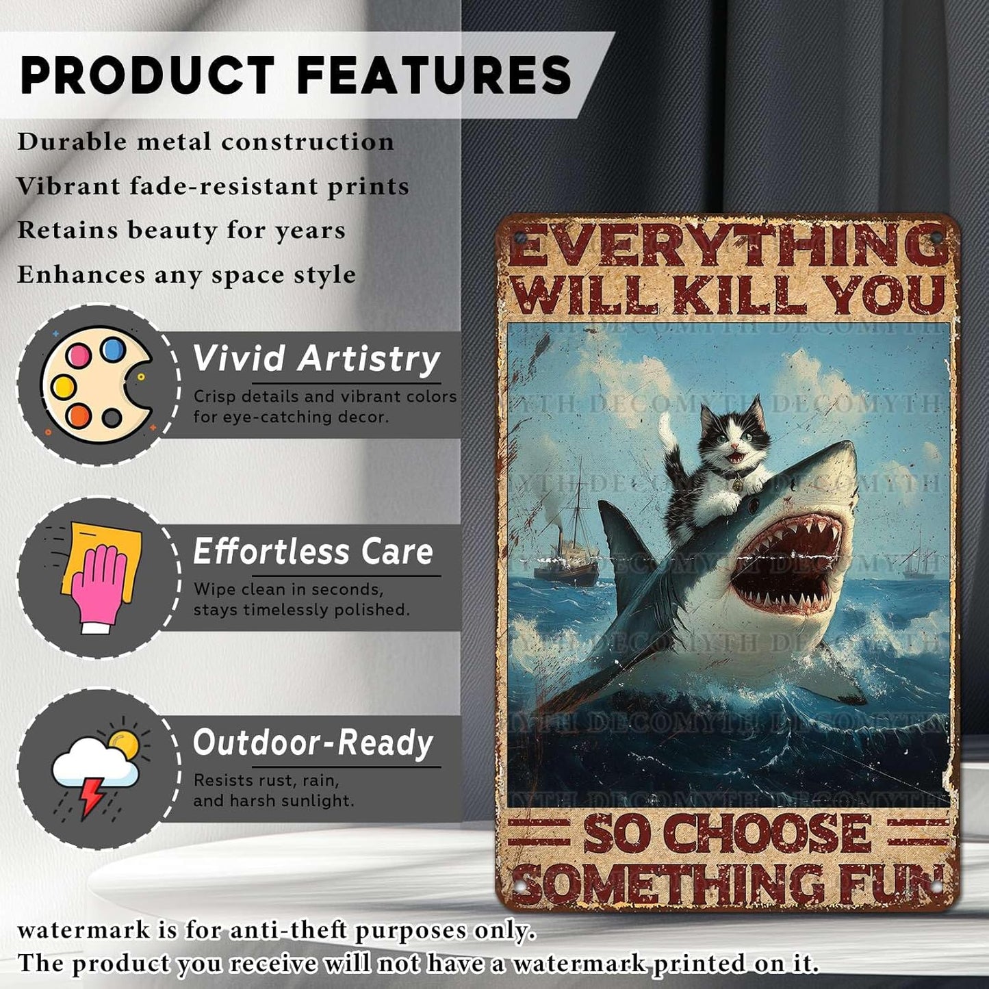 Vintage Cat Tin Sign Everything Will Kill You So Choose Something Fun Retro Shark Metal Poster Funny Cat Lovers Wall Art Decorations for Home Shop Bar Hotel Indoor Outdoor 12 * 8inch