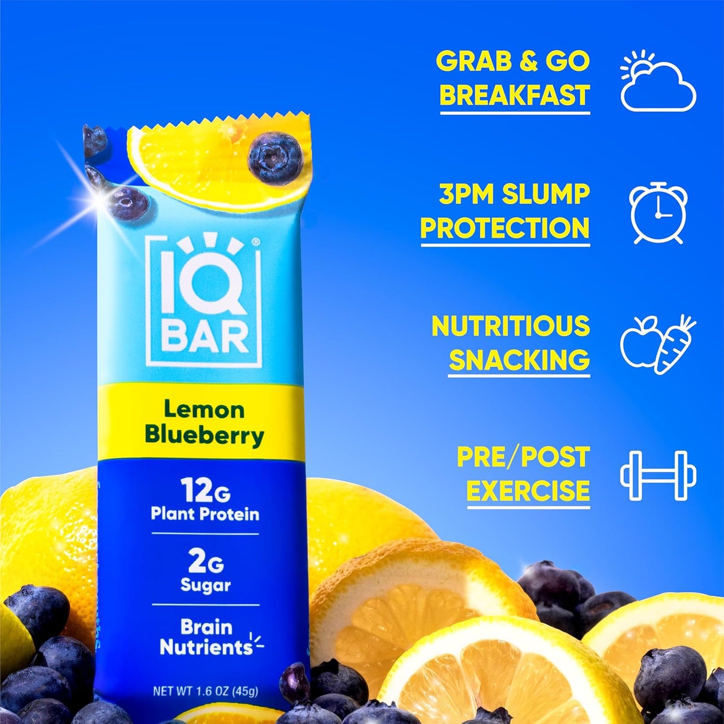 IQBAR Brain and Body Plant Protein Bars - Lemon Blueberry - 36-Count Low Carb - Gluten Free, High Fiber, Vegan Snacks - Low Sugar Meal Replacement
