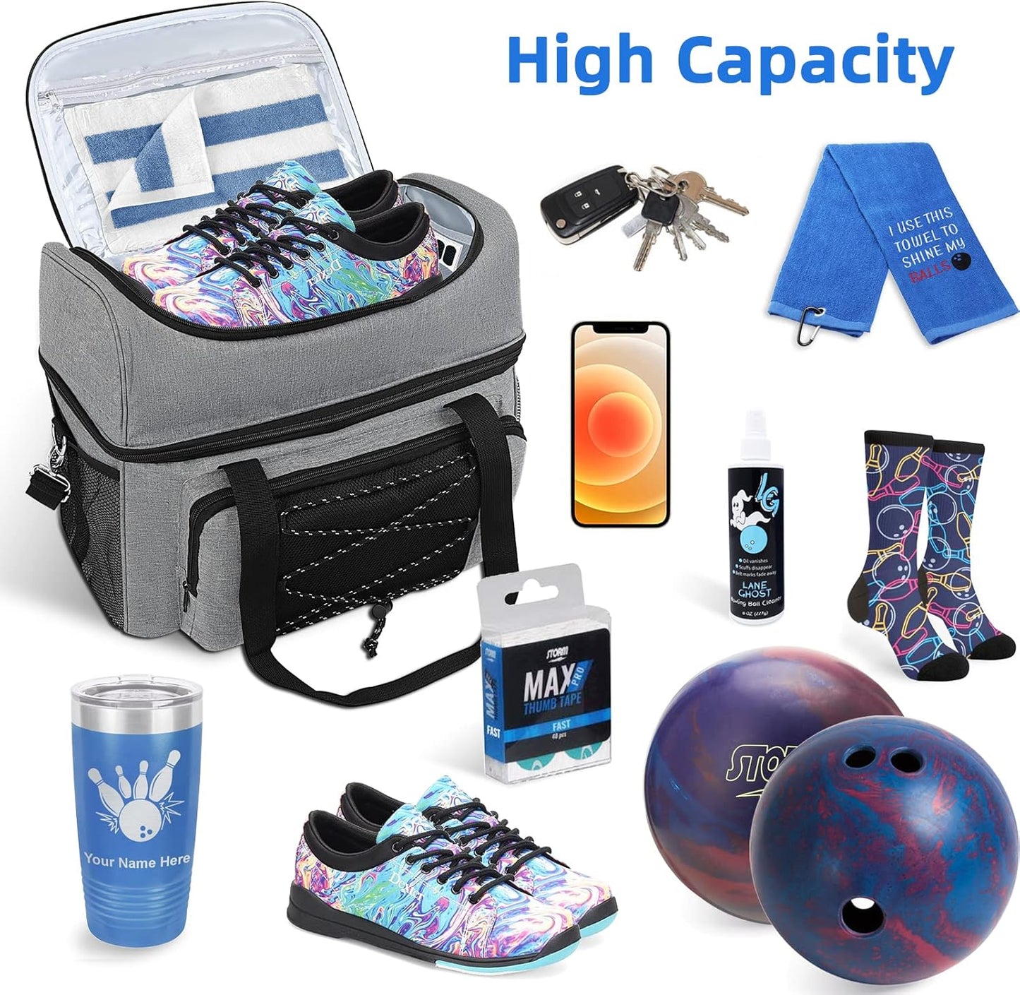 Bowling Ball Bag 2 Ball with Padded Holder Portable Double Bowling Totes with Adjustable Shoulder Strap Large Capacity Bowling Gear Organizer