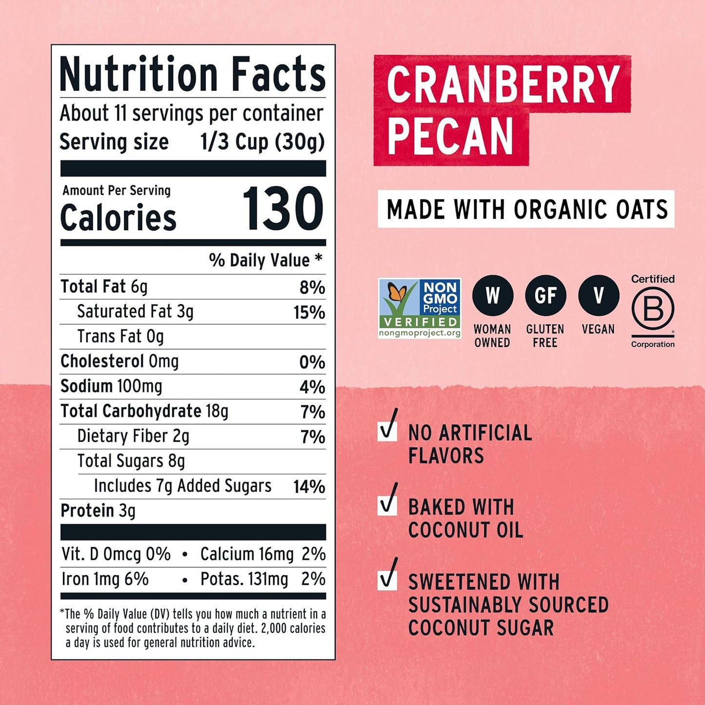 Purely Elizabeth Ancient Grain Granola, Certified Gluten-free, Vegan & Non-GMO | Coconut Sugar | Delicious Healthy Snack | Cranberry Pecan | 12oz