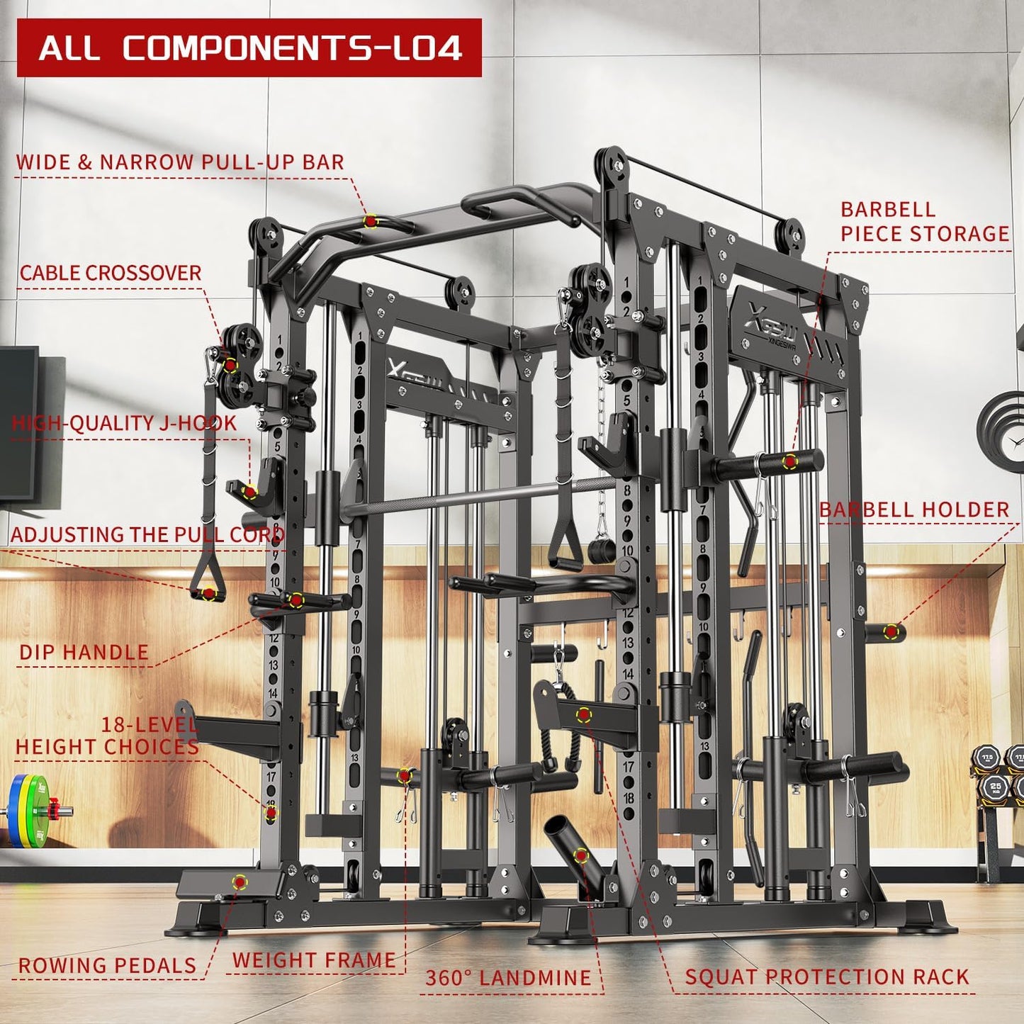 Power Cage,1600lbs Multi-Function Power Rack with Adjustable Cable Crossover System and More Training Attachment, Weight Cage for Home Gym