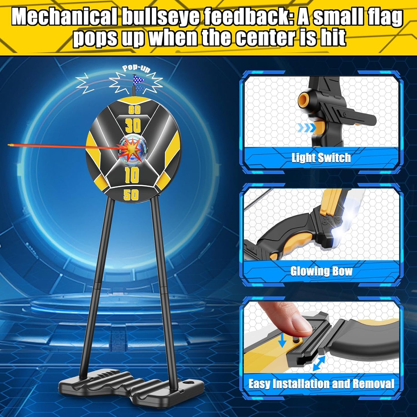 TIGTECGAME 2 Pack Bow and Arrow for Kids, LED Light Up Archery Set with 20 Suction Cup Arrows, 1 Standing Target with Flag Score, Indoor Outdoor Play Sport Toys Gifts for Kids, Boys & Girls Ages 3-12