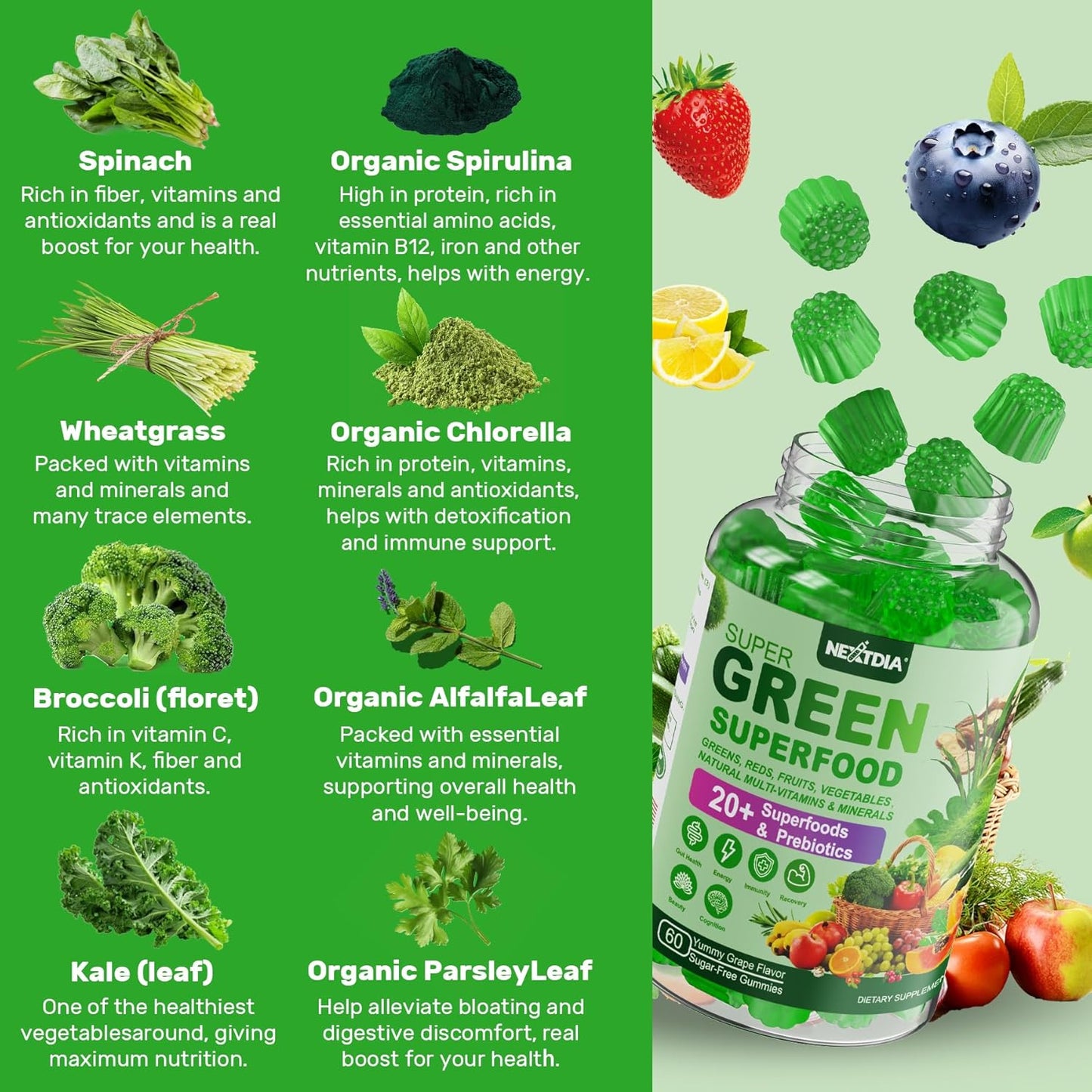 Super Greens Gummies, Greens Superfood Powder Alternative w/Spirulina, Chlorella, Prebiotic Fiber, Probiotic, Fruit Veggie, Daily Fruit Vegetable for Digestive & Gut Health, Immunity, Focus, 120 Cts