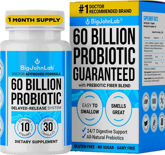 BIGJOHNLAB® Probiotics 60 Billion CFU – 10 Strains + Organic Prebiotics – Immune, Digestive & Gut Health – Supports Occasional Constipation, Diarrhea, Gas & Bloating – for Women & Men – 30ct