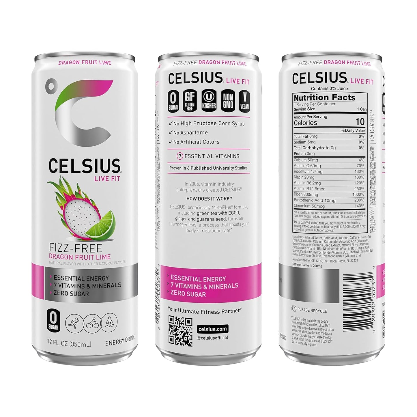 CELSIUS Fizz Free Dragon Fruit Lime, Sugar Free Energy Drink, 12 Fl Oz (Pack of 12)