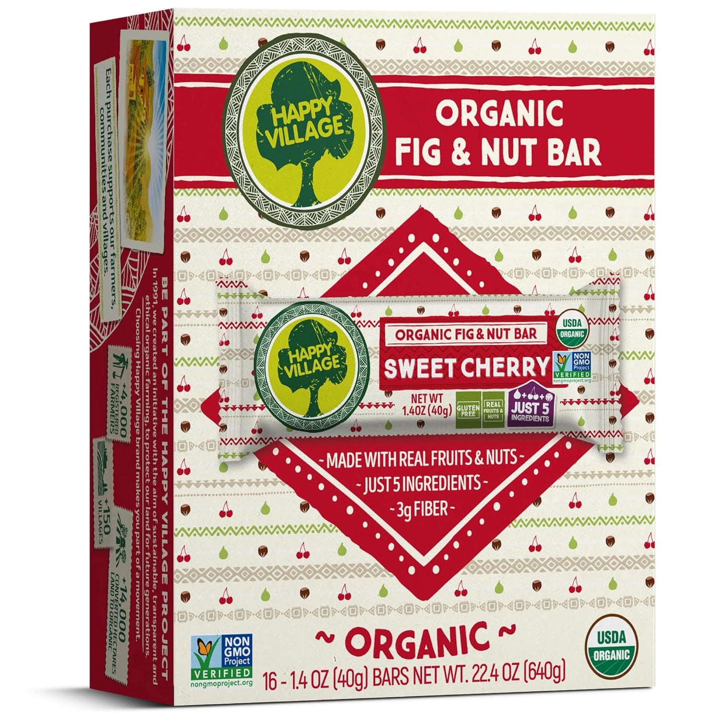 Happy Village Organic Fruit & Nut Bar, SWEET CHERRY | Gluten Free, No Refined Sugar, Kosher, Non-GMO, Vegan, Good Source of Fiber | Organic Healthy Snack Bars (16 bars, 1.4 OZ each)