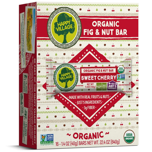 Happy Village Organic Fruit & Nut Bar, SWEET CHERRY | Gluten Free, No Refined Sugar, Kosher, Non-GMO, Vegan, Good Source of Fiber | Organic Healthy Snack Bars (16 bars, 1.4 OZ each)
