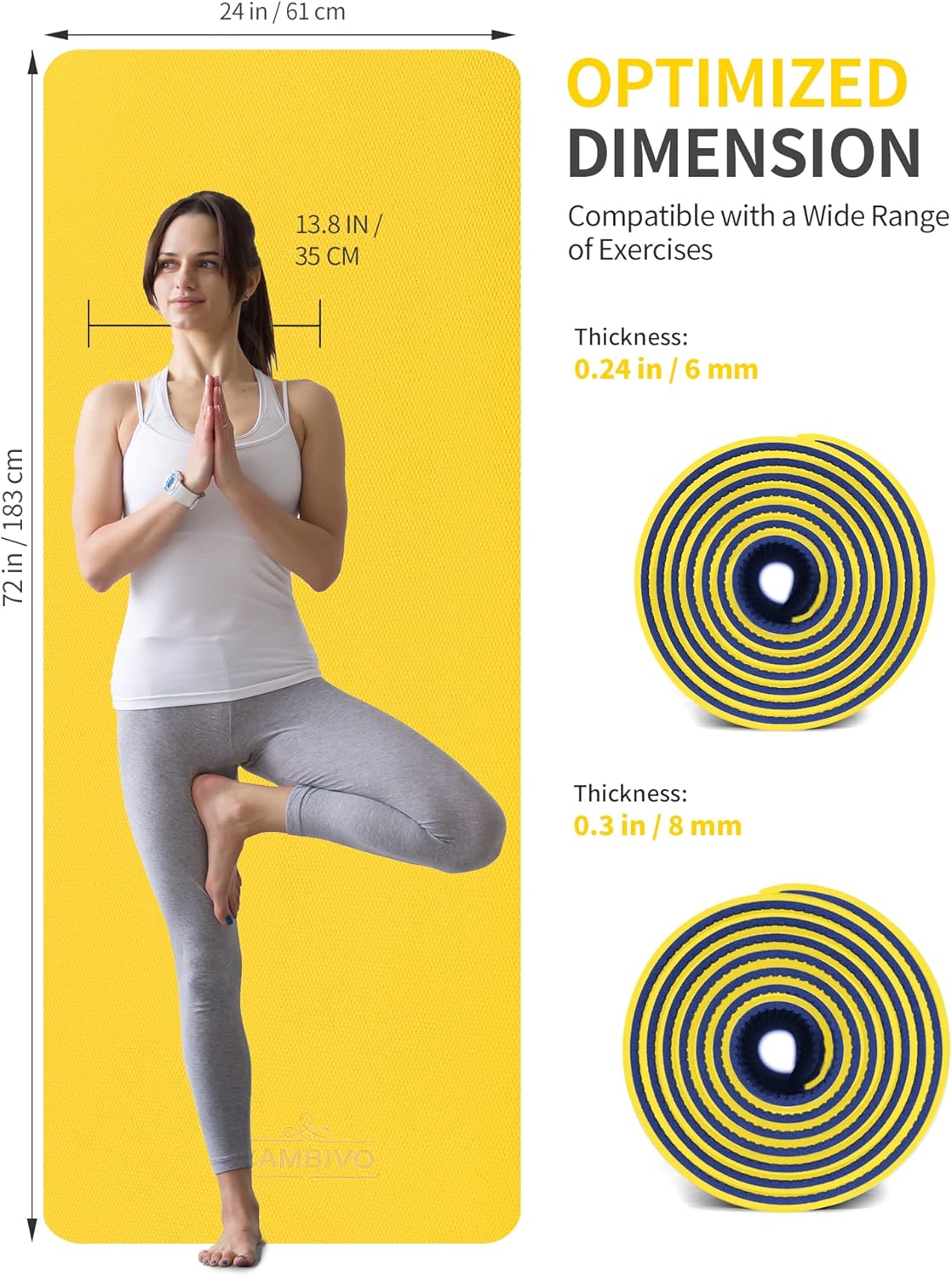 CAMBIVO Yoga Mat for Women Men Kids, 1/3 & 1/4 & 2/5 Inch Extra Thick Yoga Mat Non Slip, 72" x 24" TPE Yoga Mats, Workout Mat with Carrying Strap for Yoga, Pilates and Floor Exercises