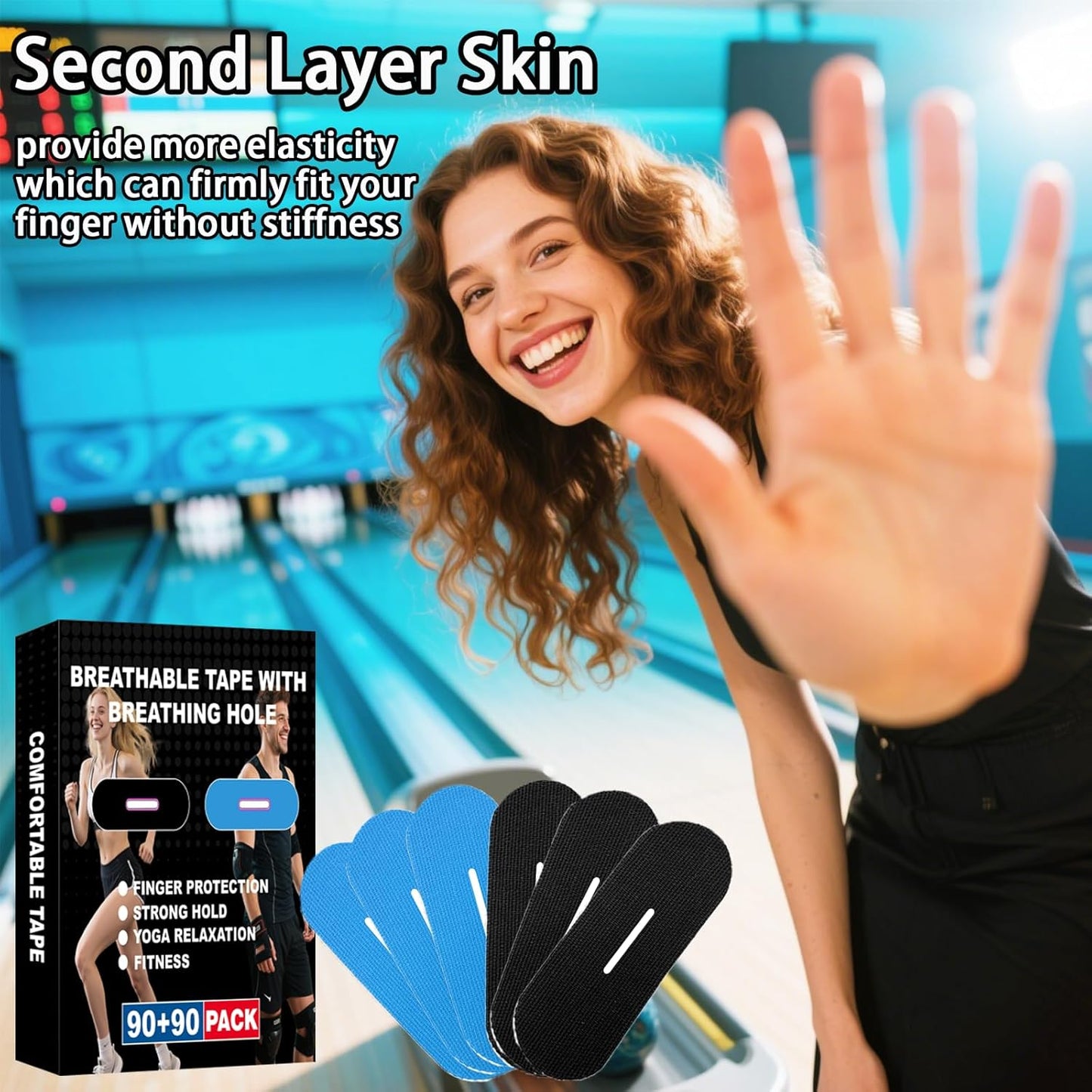 180 PCS Bowling Thumb Tape with Breathing Holes - Breathable & Sweat Proof Sports Tape for Men Women, Finger Grip Protection for Bowling, Yoga, Fitness (Black & Blue)