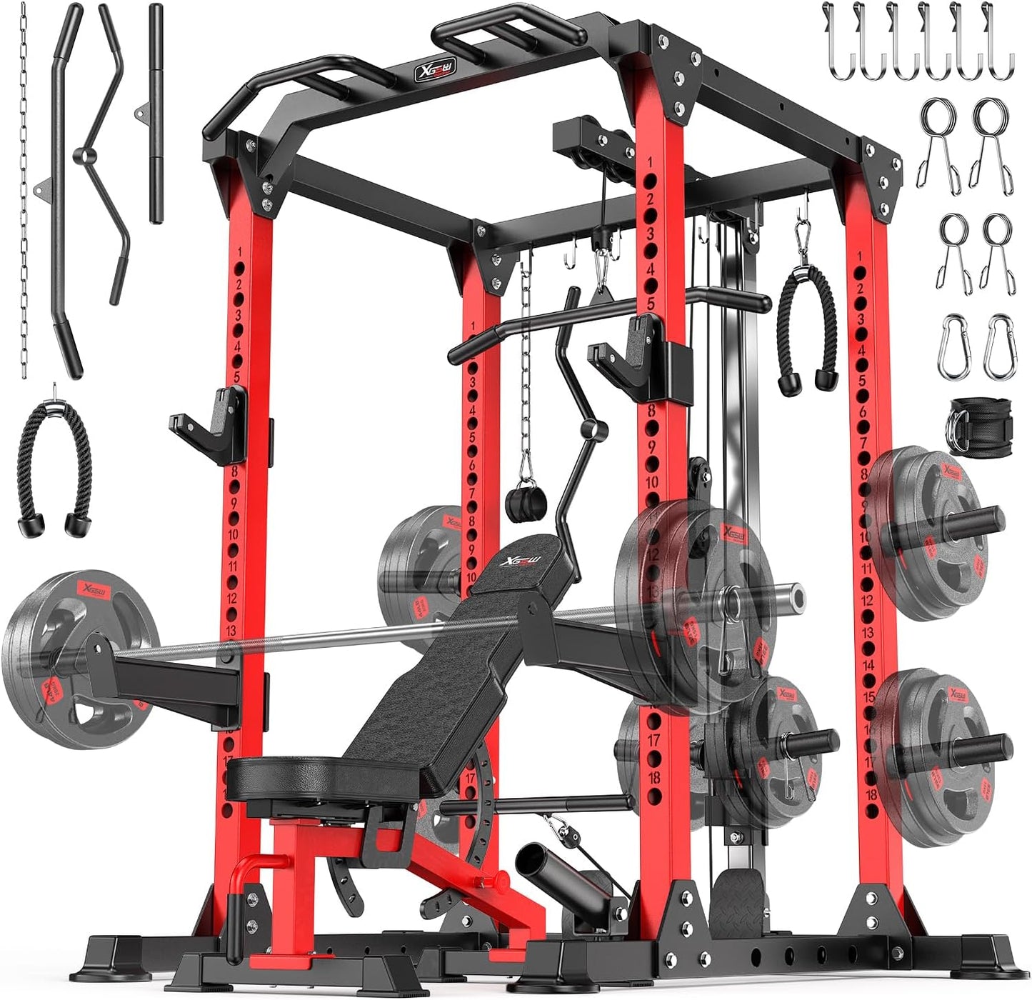 Power Cage Multi-Function Power Rack with Cable Crossover System,1800 LBS Capacity Squat Rack with Weight Bench,for Home Gym