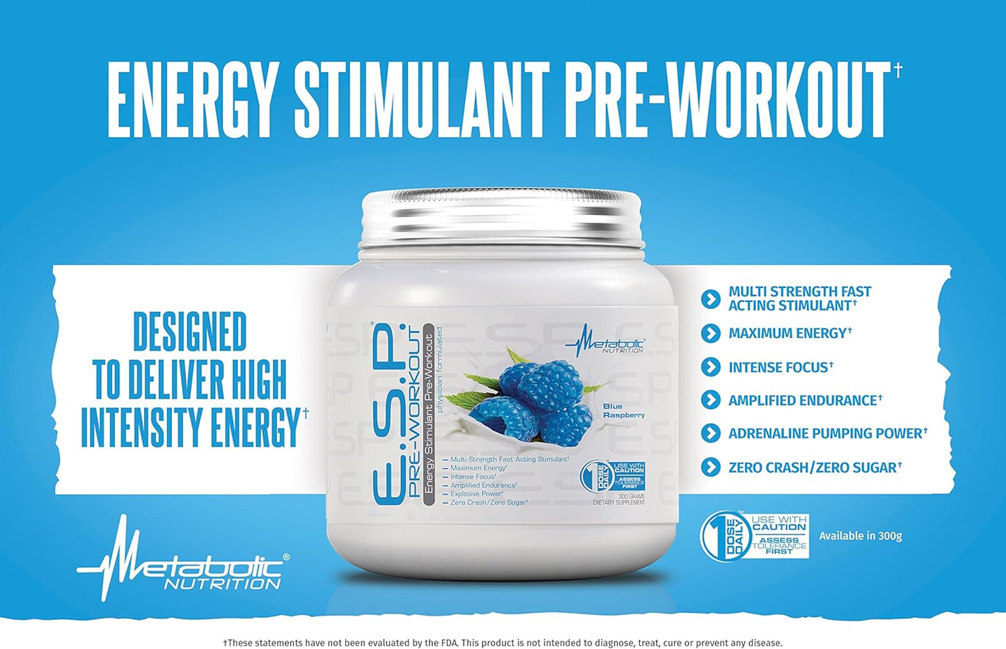 Metabolic Nutrition | ESP - Stimulating Pre Workout, Pre Intra Workout Supplement | Energy & Endurance Stimulating | Natural, Safe & Mental Focus | Blue Raspberry, 300 Grams (90 Servings)