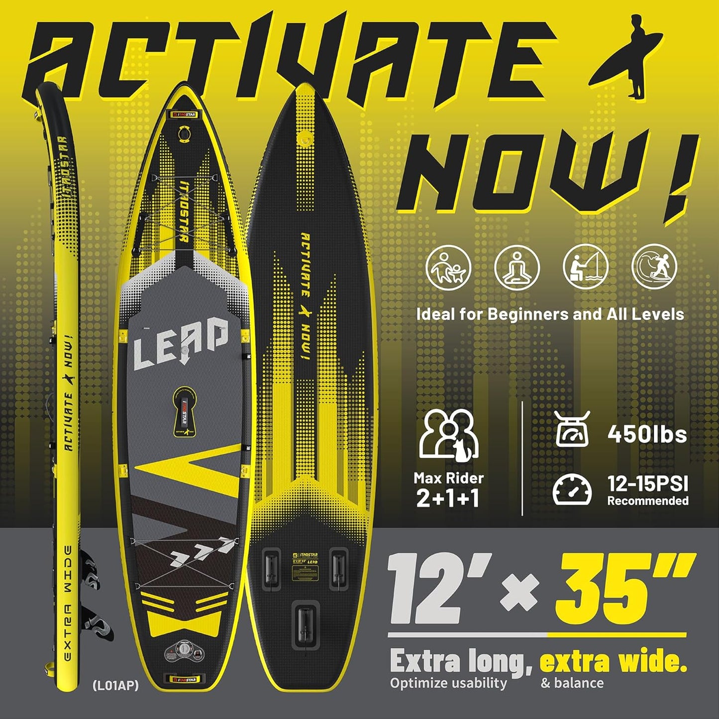 Lead 11‘ x 33" / 12’×35" Inflatable Stand Up Paddle Board - Premium SUP Board Kit - Ultra Stable Paddleboard for Adults & Youth - All Skill Levels - for Lakes, Oceans
